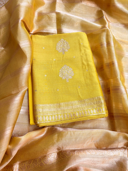 Lime yellow moonga silk kurta, bottom and tissue kadhwa dupatta