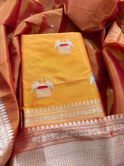Yellow katan by katan silk with tissue kadhwa dupatta