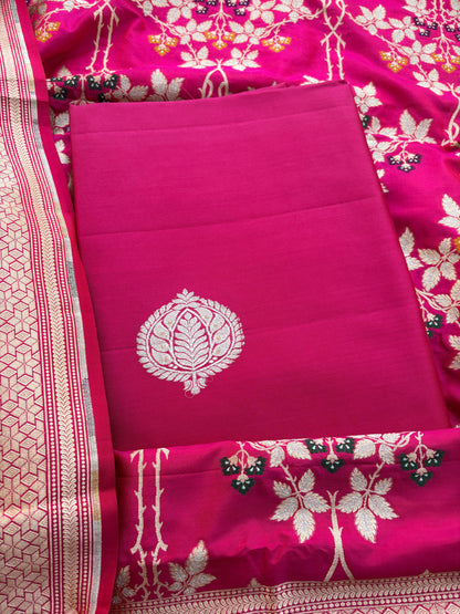 Pink katan silk suit with jaal dupatta suit set