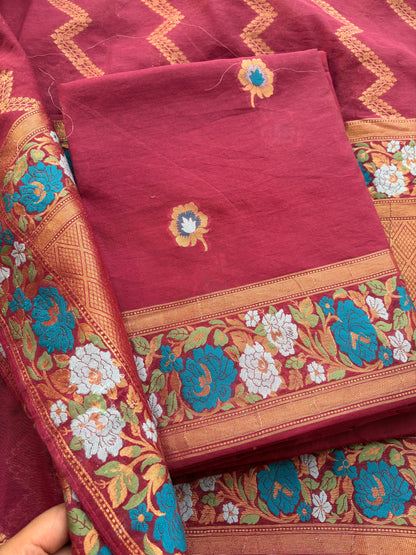 Maroon Chanderi cotton full jaal weaving suit set