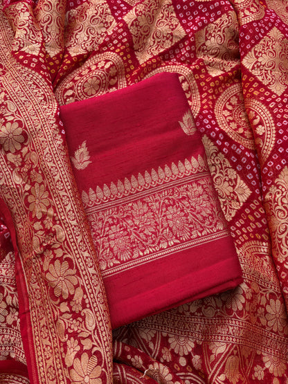 Red raw silk suit with bandhani dupatta