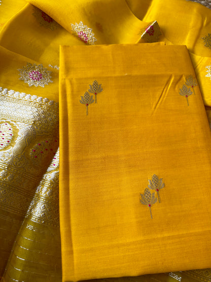 Yellow chiniya silk kurta, kora kadhwa dupatta 3 piece set