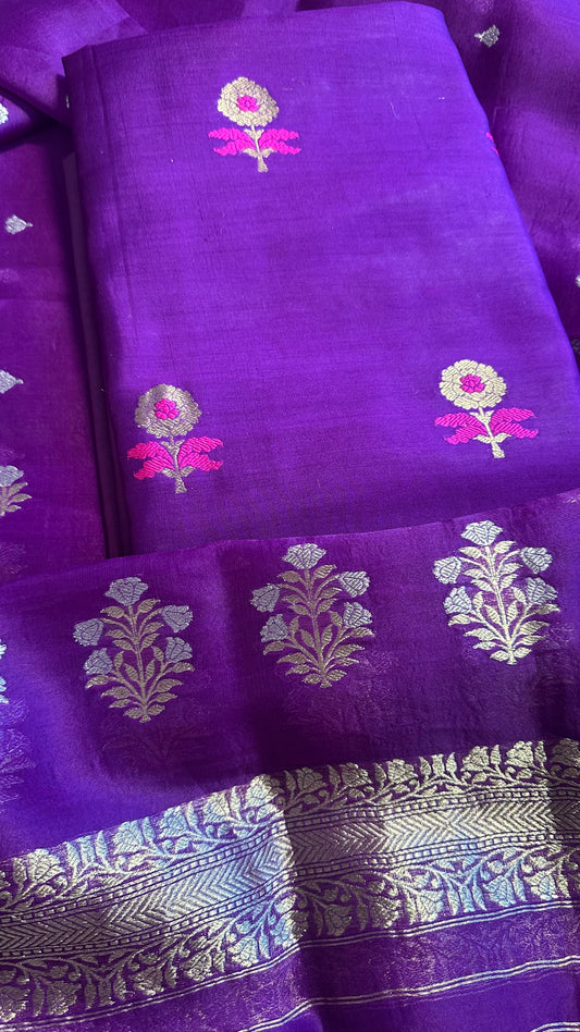 Purple chiniya meendar kurta, kora silk dupatta, plain bottom