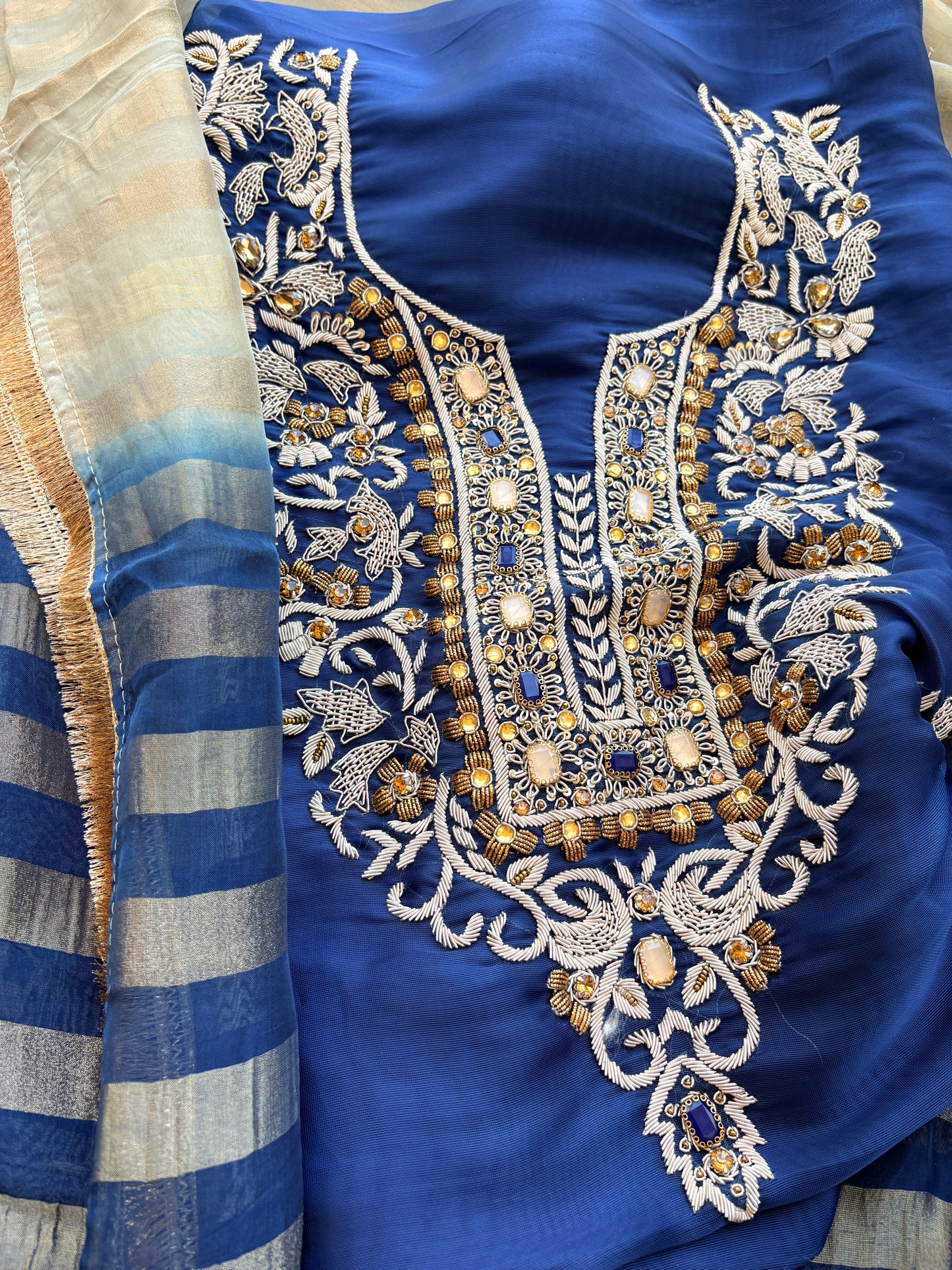 Blue tissue handwork suit with tissue dupatta
