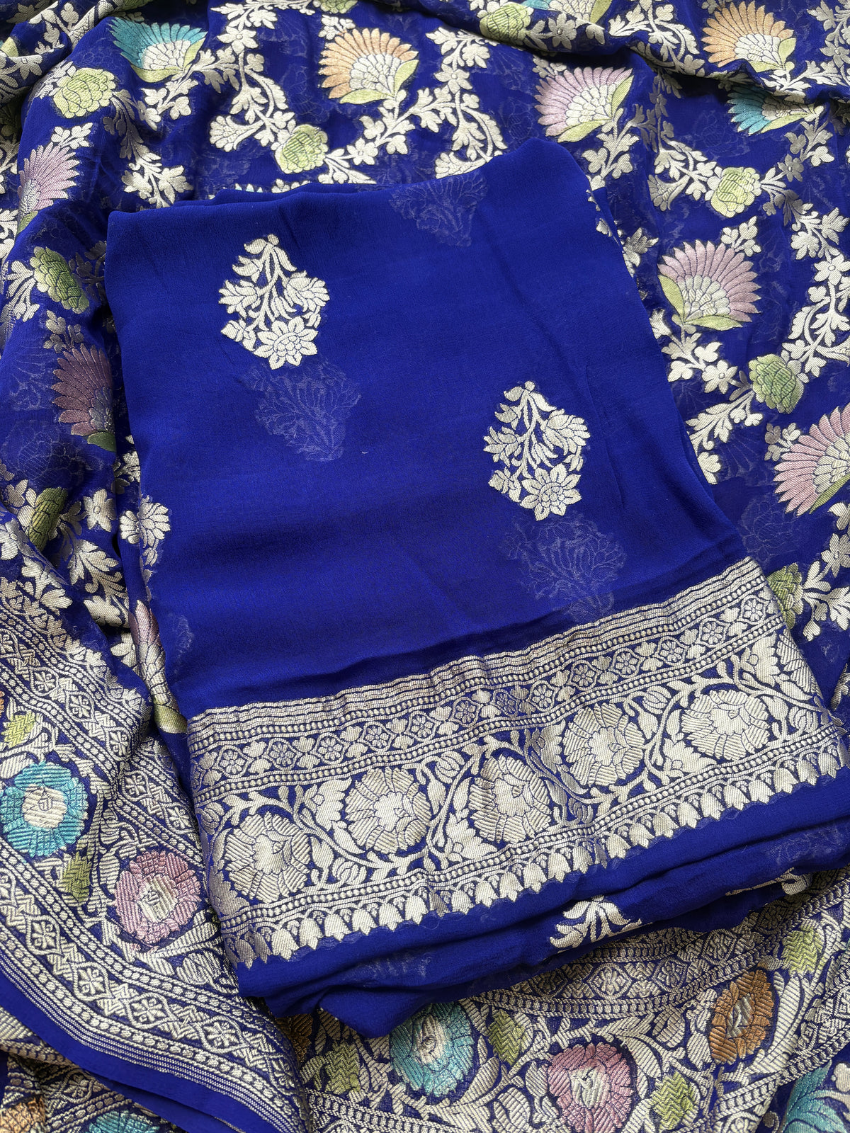 Blue Khaddi georgette suit set with meenadar dupatta