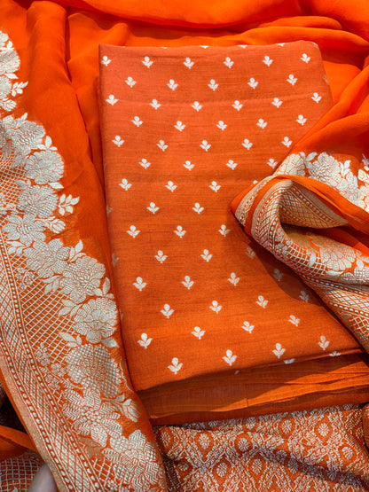 Orange moonga silk kurta , bottom and Khaddi georgette kadhwa dupatta