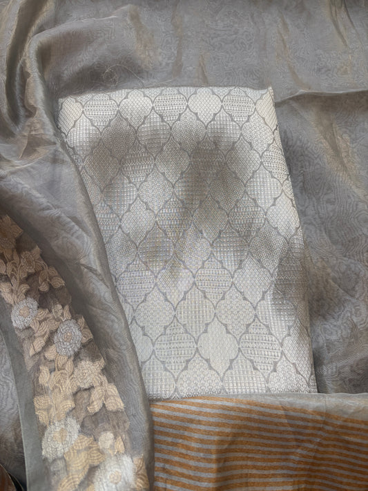 Silver grey tissue brocade suit set