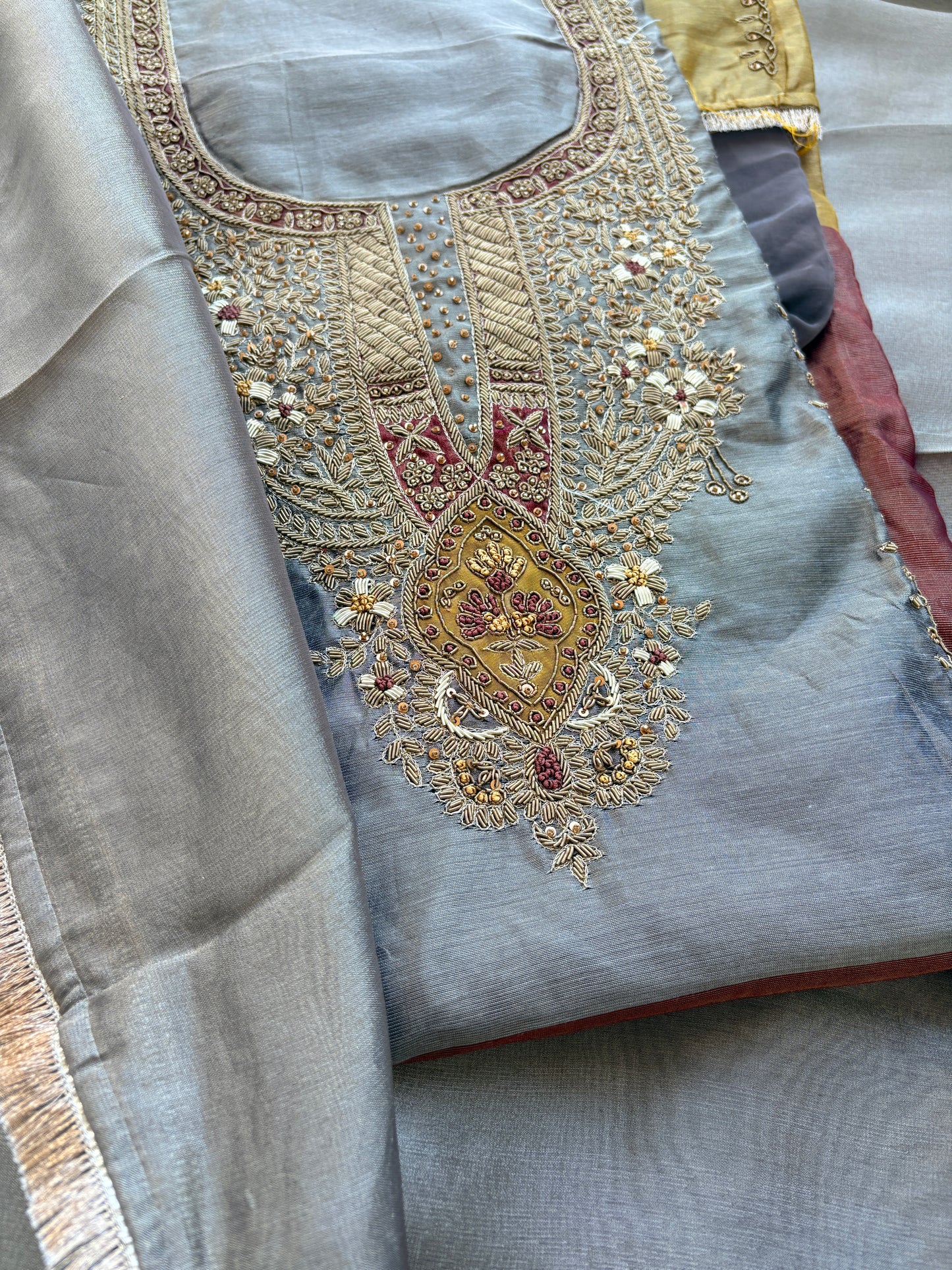 Grey 3 colored tissue hand embroidered suit set