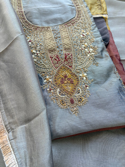 Grey 3 colored tissue hand embroidered suit set