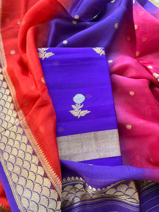 Purple kora silk rose design shaded suit set