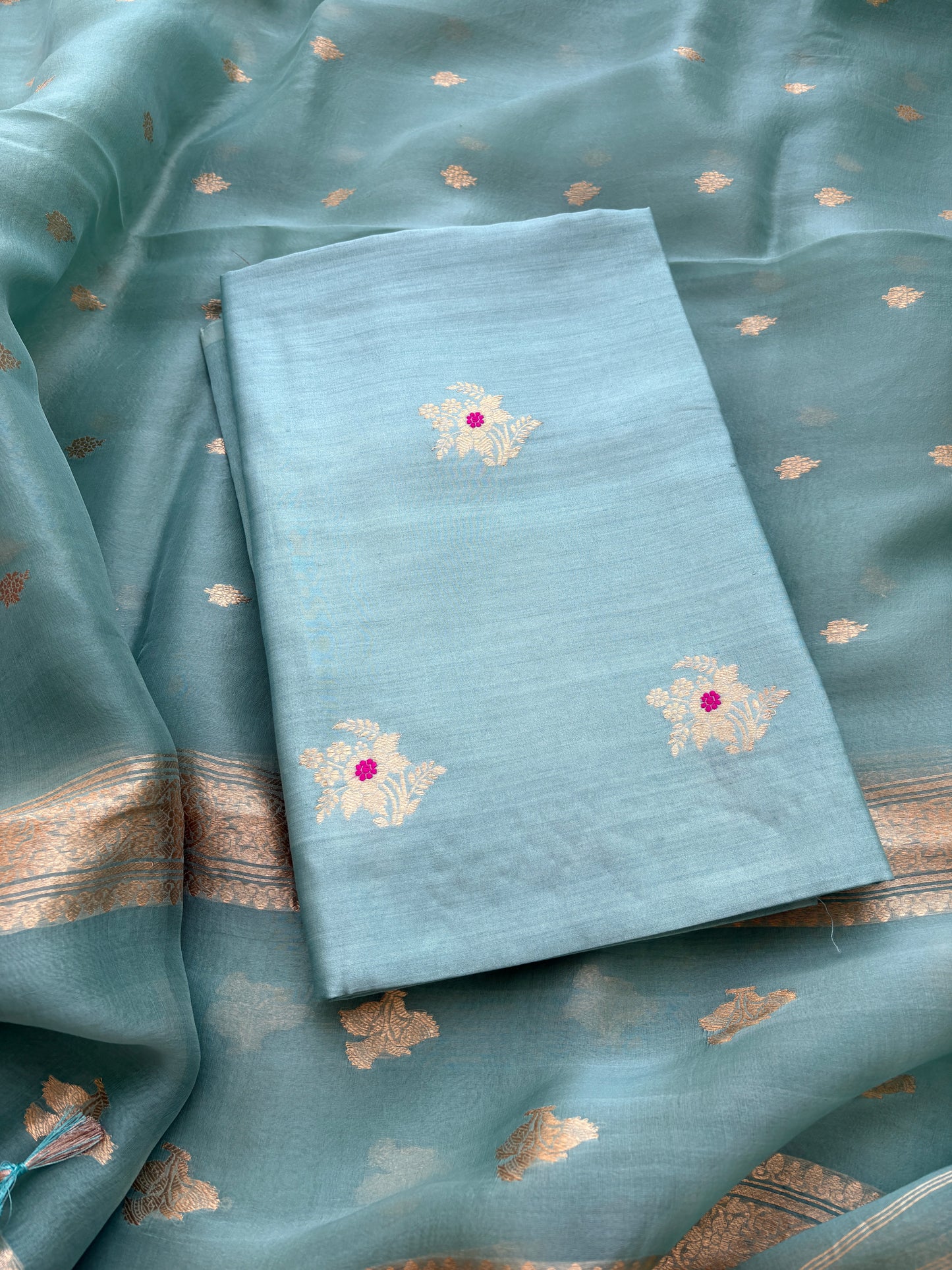 Blue Chiniya silk kora silk kadhwa suit set