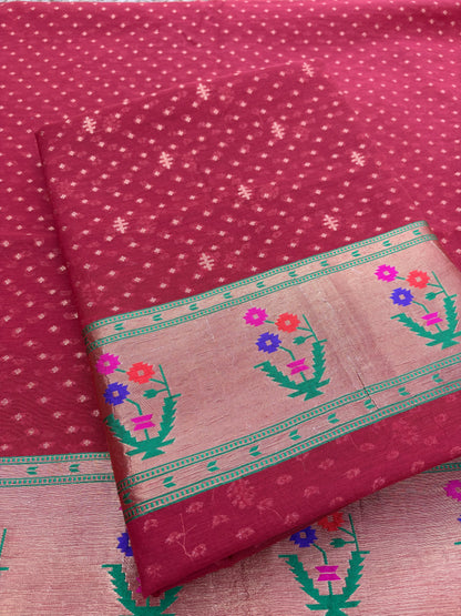 Red Chanderi cotton Paithani border suit set