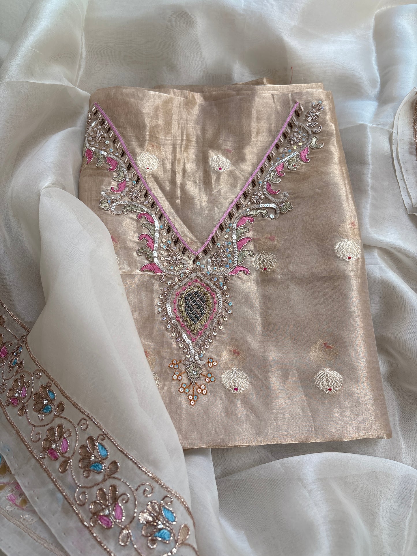 Tissue hand embroidered suit with kora embroidered dupatta