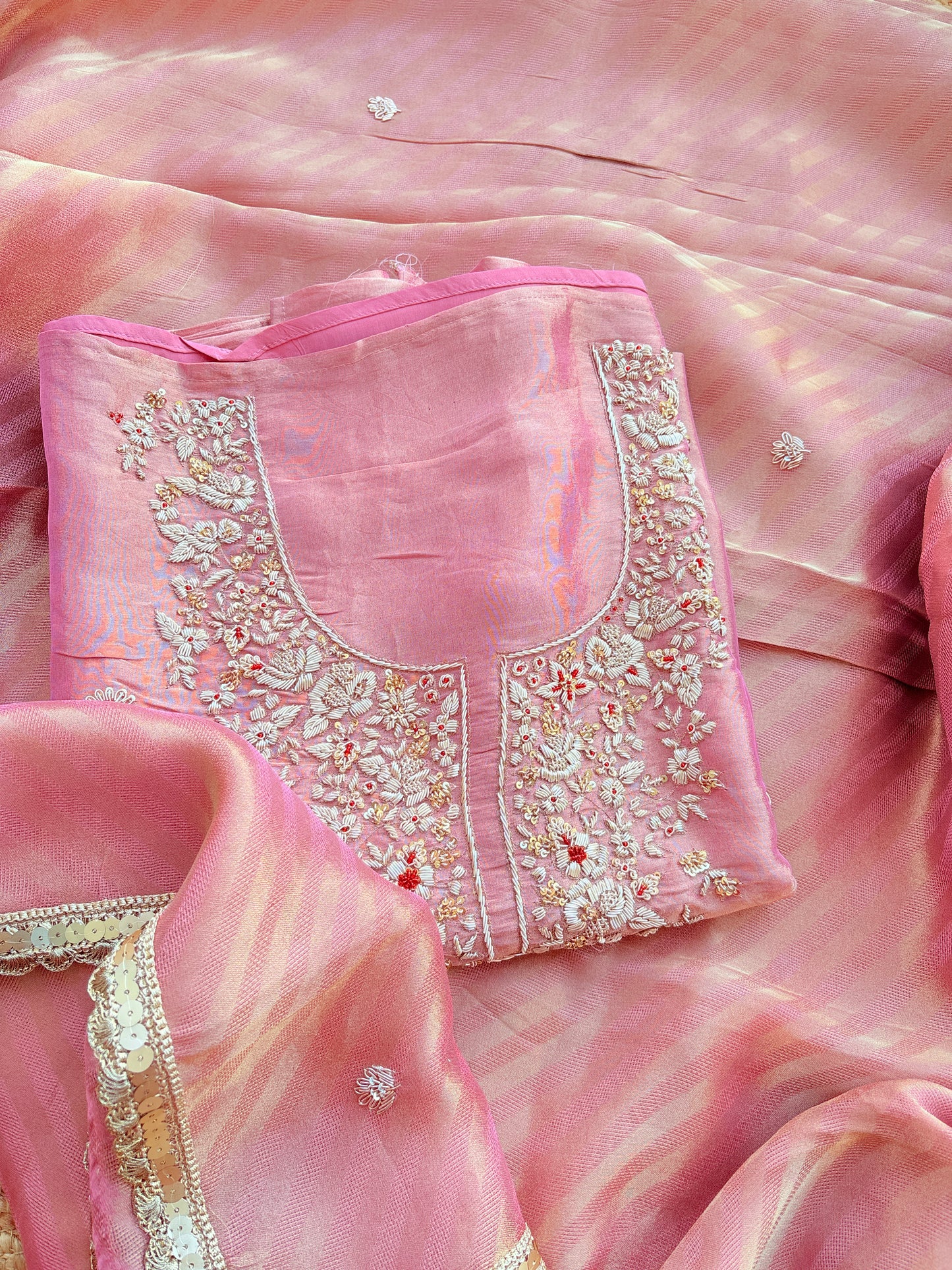 Pink tissue silk hand embroidery suit set