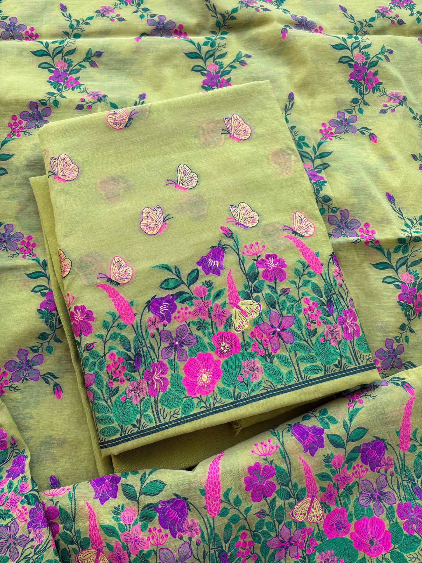 Lime green butterfly design Chanderi suit set