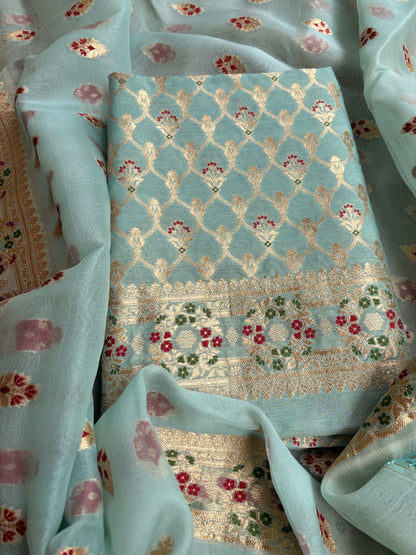 Blue moonga silk kurta, kora silk kadhwa dupatta , plain bottom