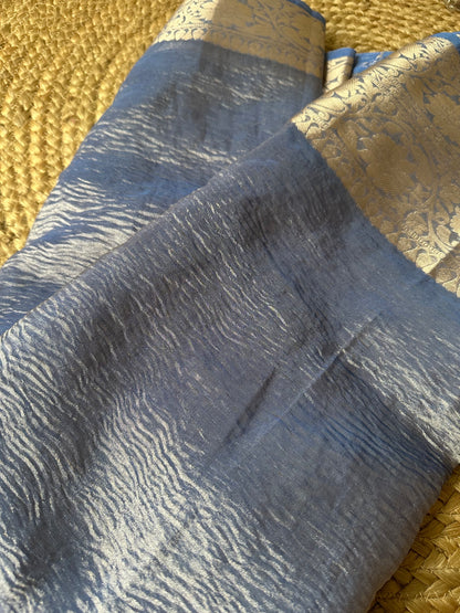 Blue tissue saree hand crushed.