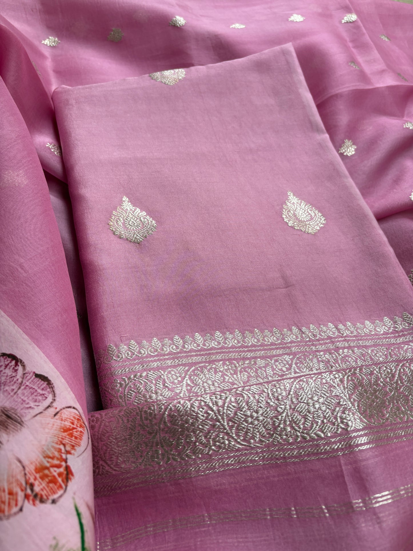 Pink silver zari Chiniya kora suit set