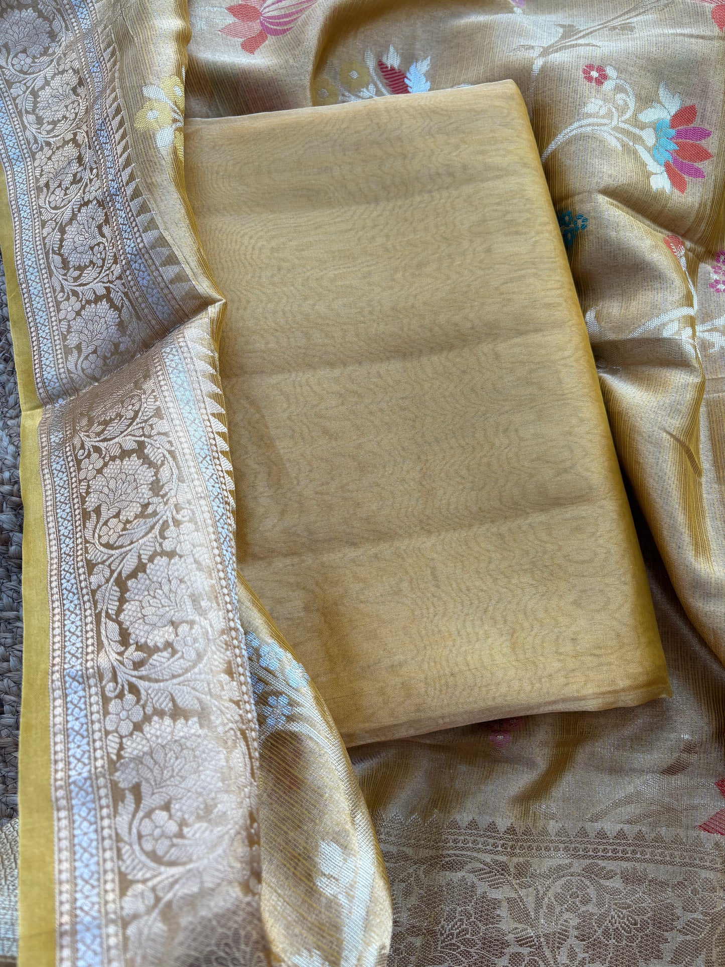 Yellow tissue suit with Kota tissue tilfi dupatta