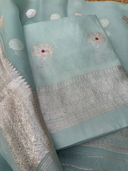 Blue Chiniya kora silver zari 3 piece suit set