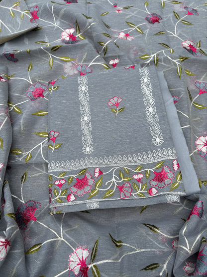 Grey linen cotton embroidered 3 piece suit set
