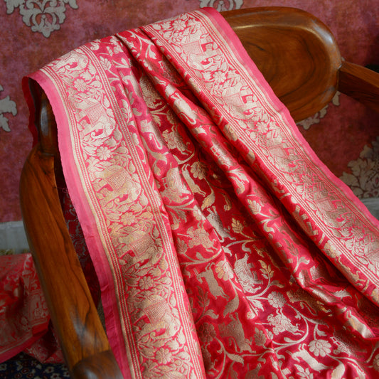 Pink shikargah Banarasi silk dupatta