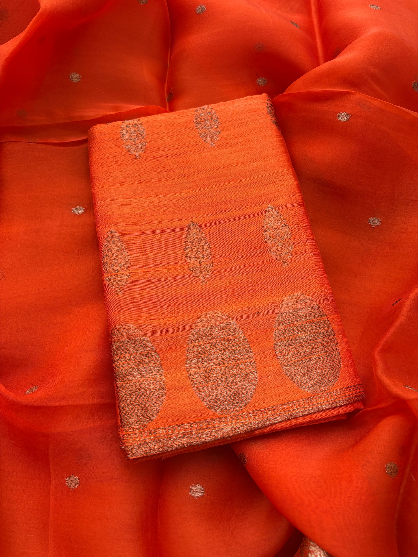 Orange raw silk suit set with Kora silk dupatta