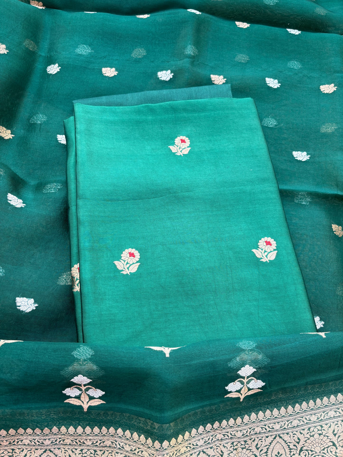 Green Chiniya silk kora dupatta suit set