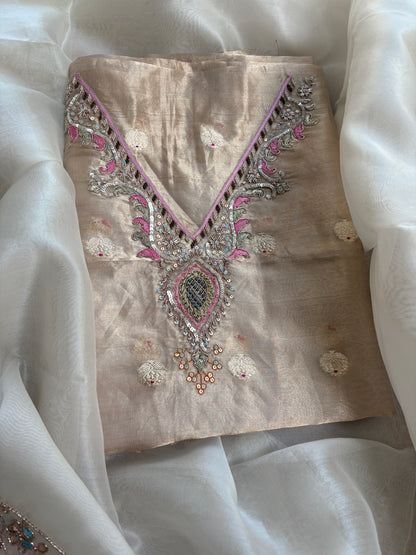 Tissue hand embroidered suit with kora embroidered dupatta