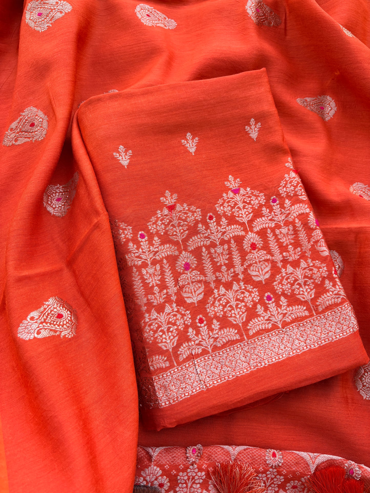 Orange moonga silk suit set kadhwa weave
