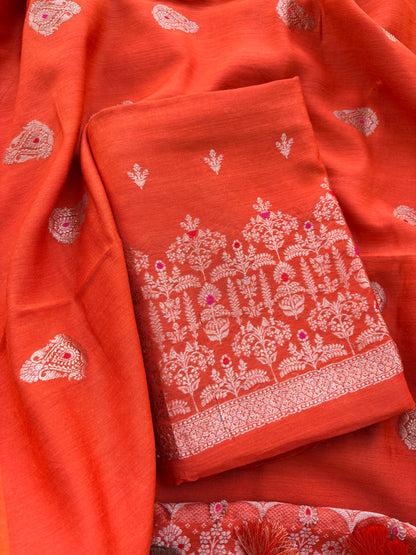 Orange moonga silk suit set kadhwa weave