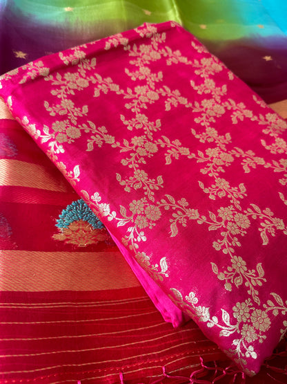 Hot pink  chiniya katan kurta and multishaded kora silk kadhwa kurta.