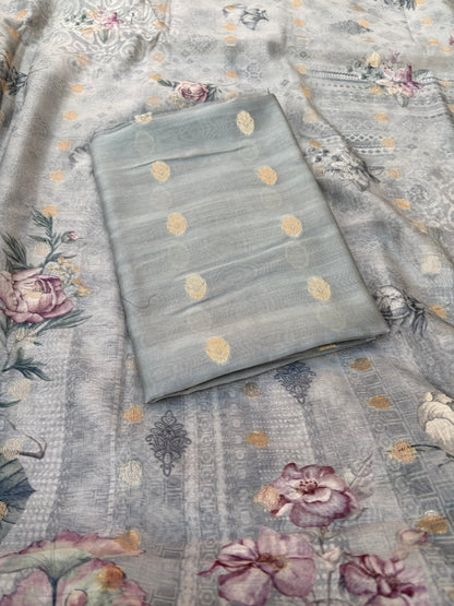 Grey mul Chanderi silk 3 piece suit set