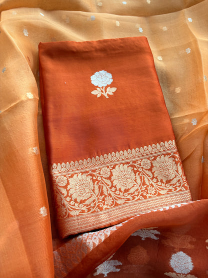 Orange Chiniya silk kurta , bottom and shaded dupatta