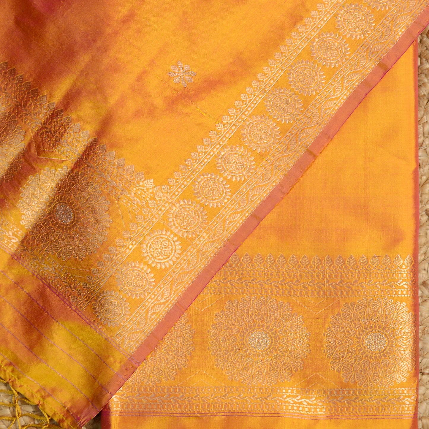 Mustard yellow dhoop chau katan silk suit