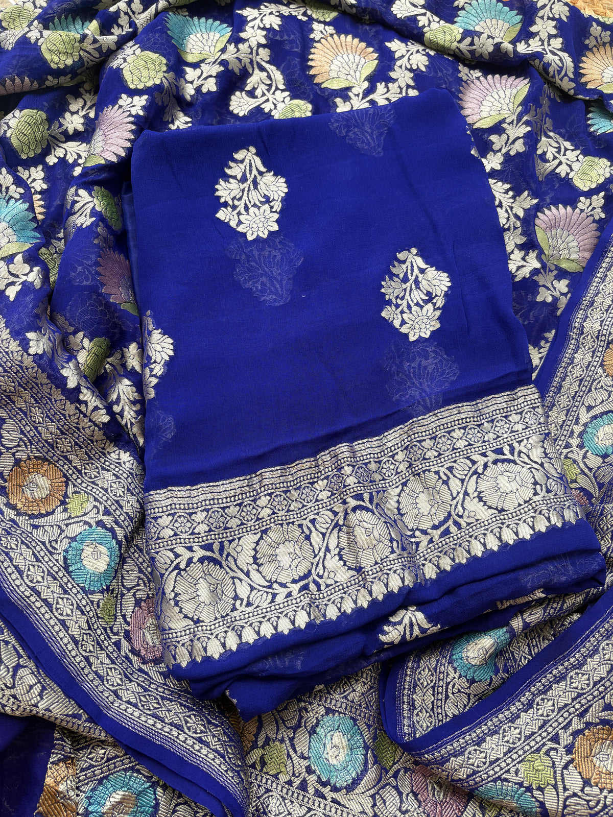 Blue Khaddi georgette suit set with meenadar dupatta