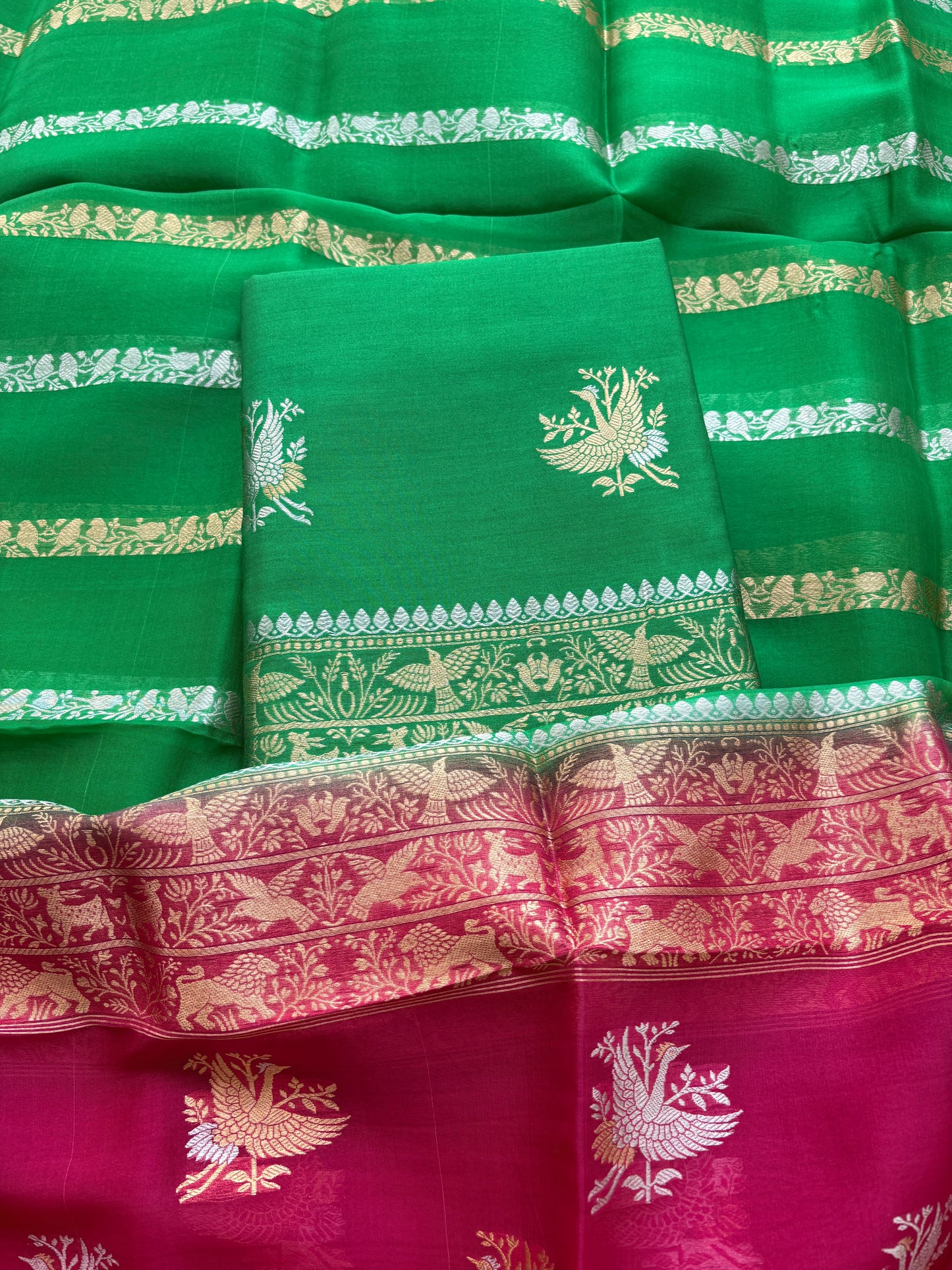Green mango silk with kora silk stripe dupatta