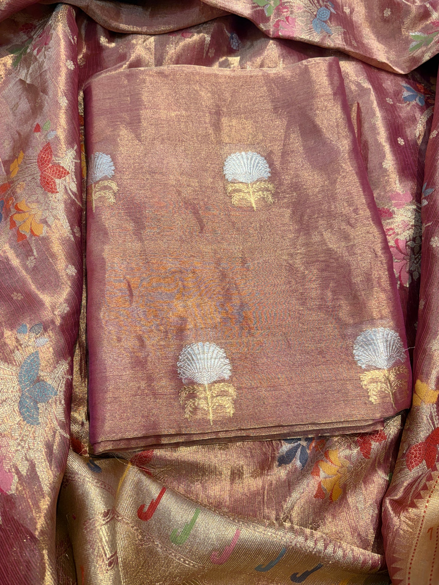 Pink tissue kadhwa suit with jaal dupatta