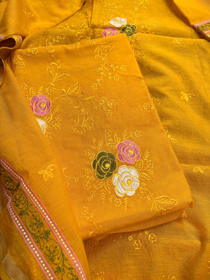 Yellow cotton embroidered suit set