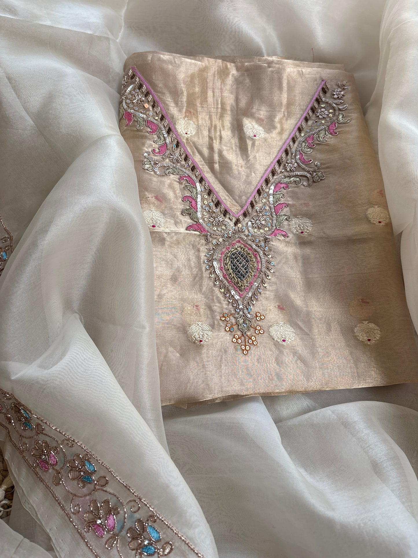 Tissue hand embroidered suit with kora embroidered dupatta