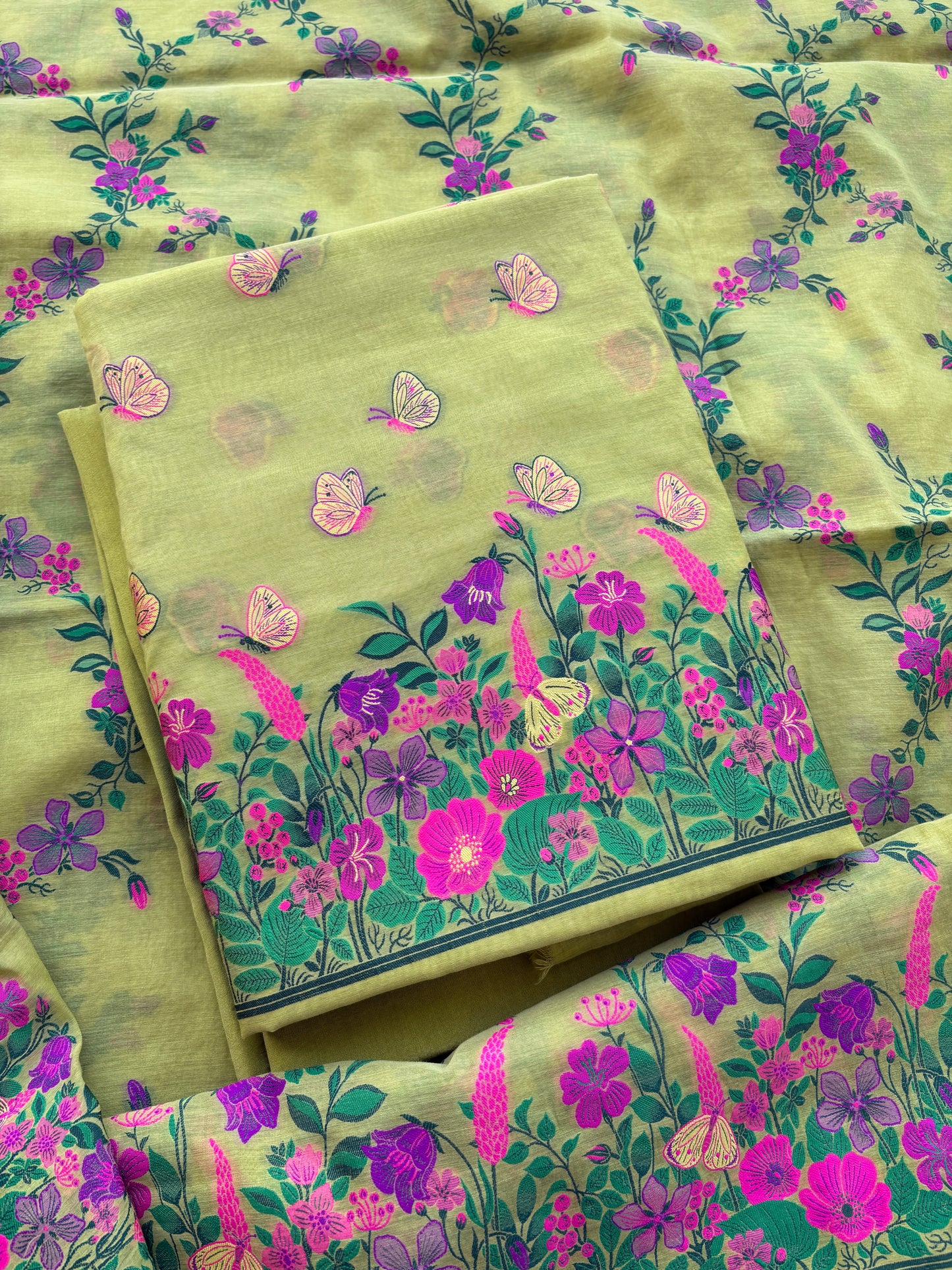 Lime green butterfly design Chanderi suit set