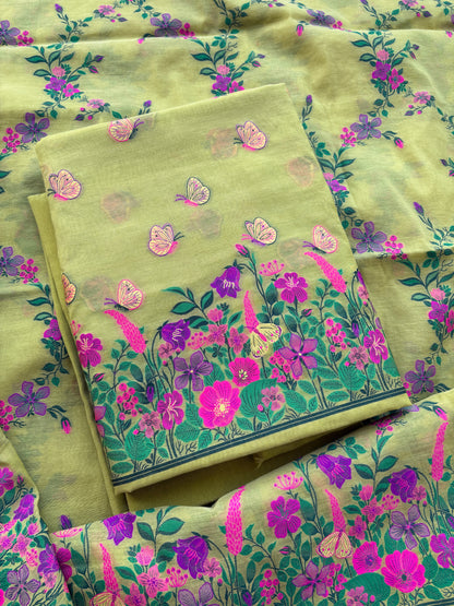 Lime green butterfly design Chanderi suit set