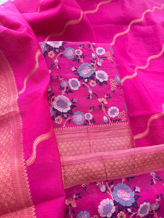 Pink flower jaal weaving suit set (92)