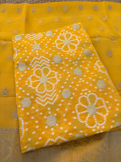 Yellow premium chiffon bandhani 3 piece suit set