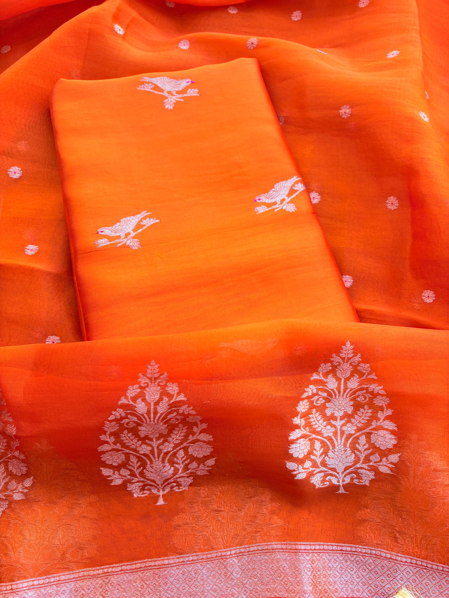 Orange mango silk kadhwa , kora silk suit set