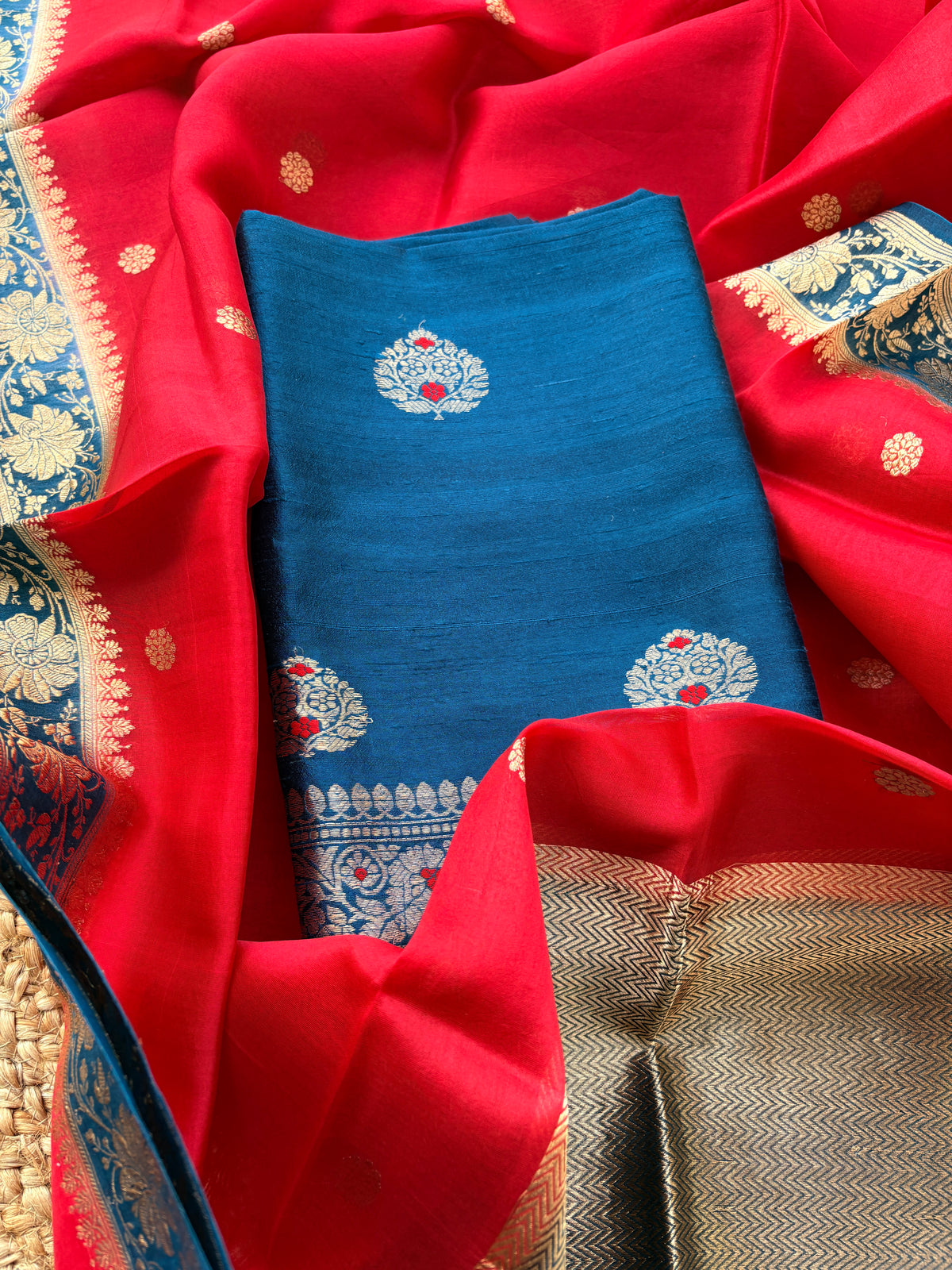 Blue red tussar silk suit set