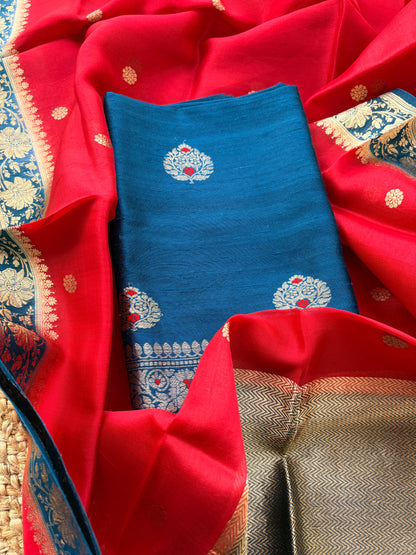 Blue red tussar silk suit set