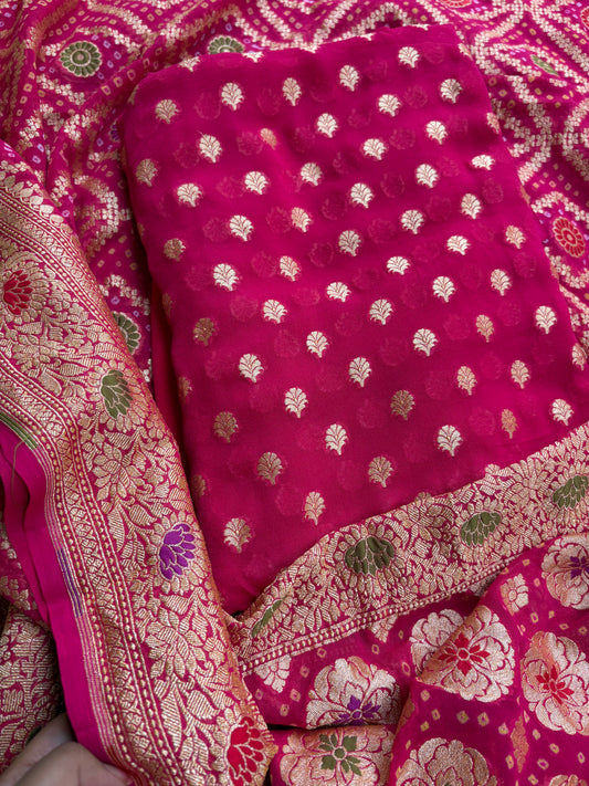 Pink Khaddi georgette kurta, bandhani georgette dupatta, plain bottom
