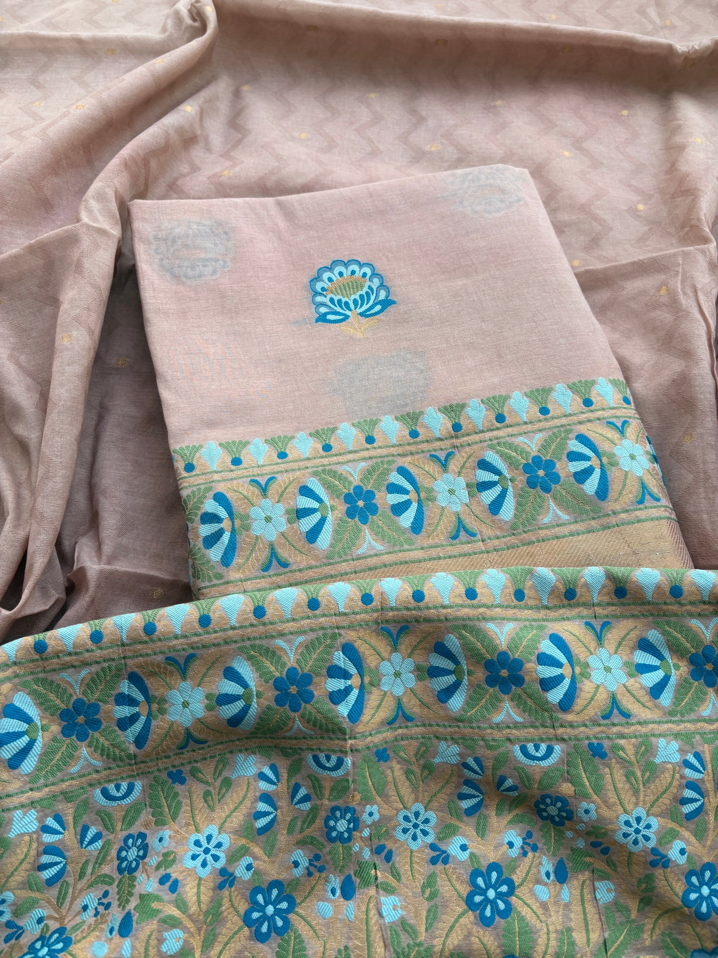 Peach Chanderi jaal weaving suit set