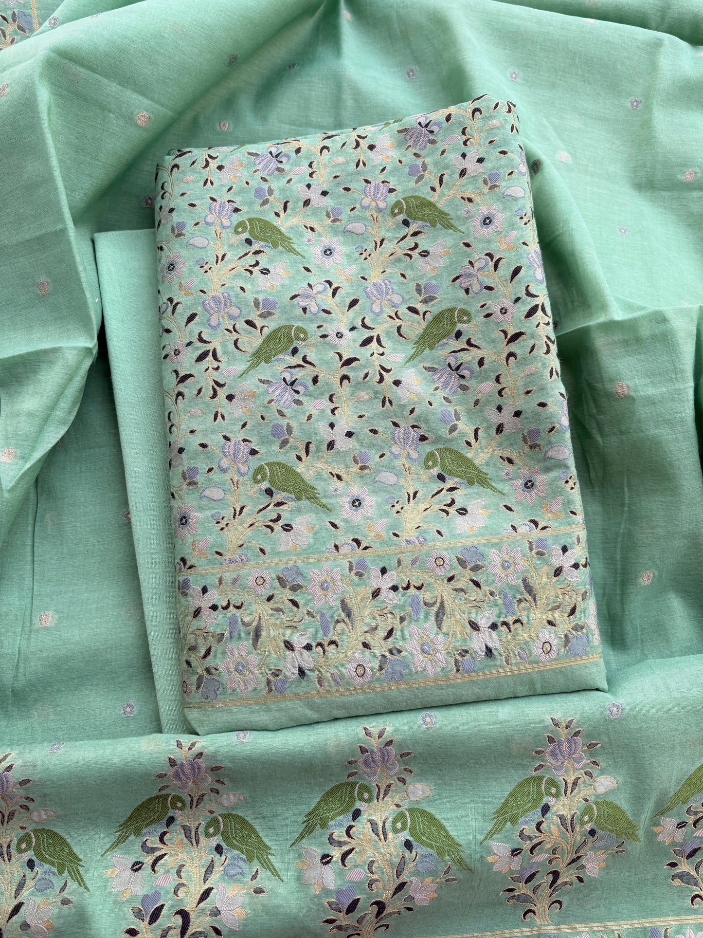Green Chanderi bird weaving suit set